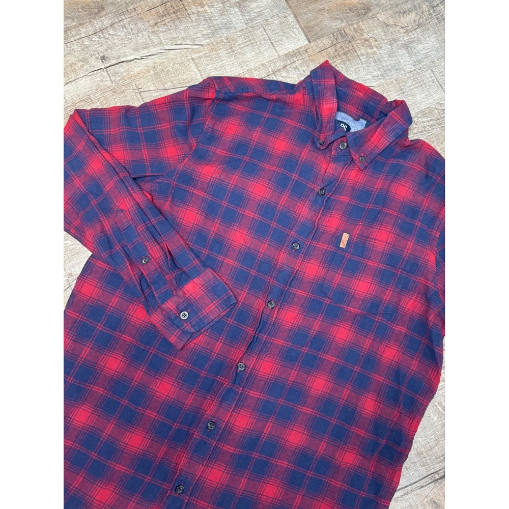 Chaps Performance Mens Medium Red Navy Blue Plaid Flannel Button Down Shirt